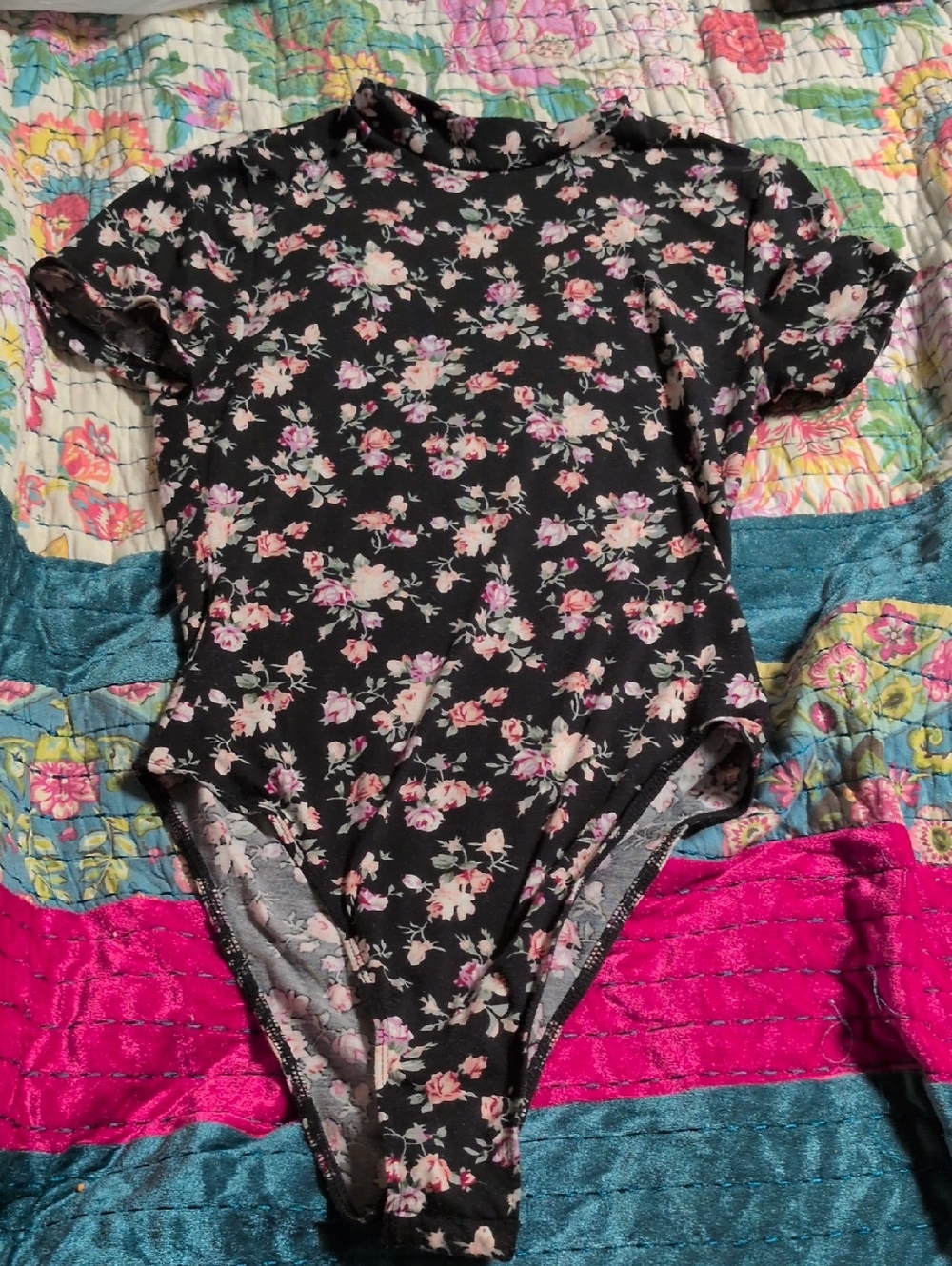 SHEIN Black Floral One-Piece Bodysuit with Pink Flowers